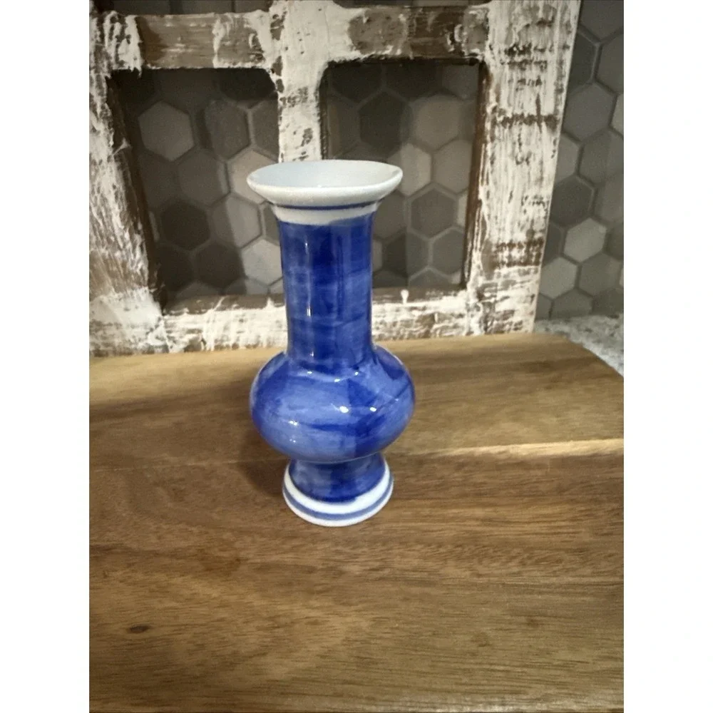 Vintage Cobalt Blue Glazed Pottery Cherry Blossom Bud Vase White Flower Motif